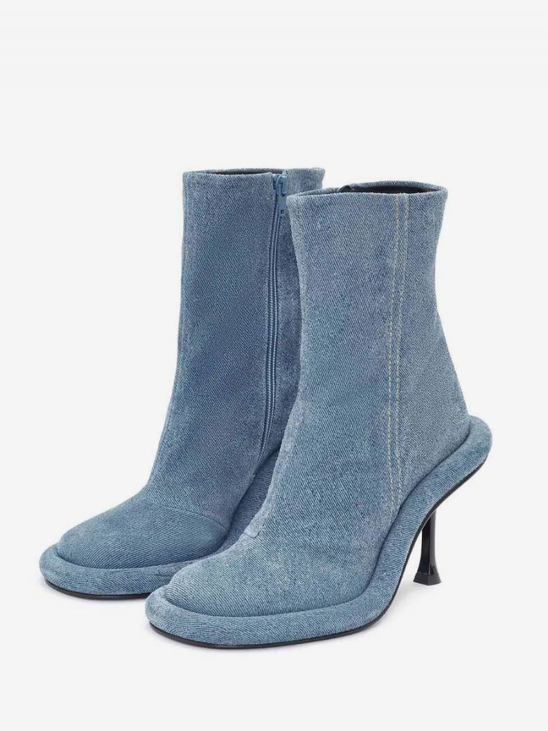 Bottines Femme Denim Bleu Bout Rond Conçu À Talons Aiguilles