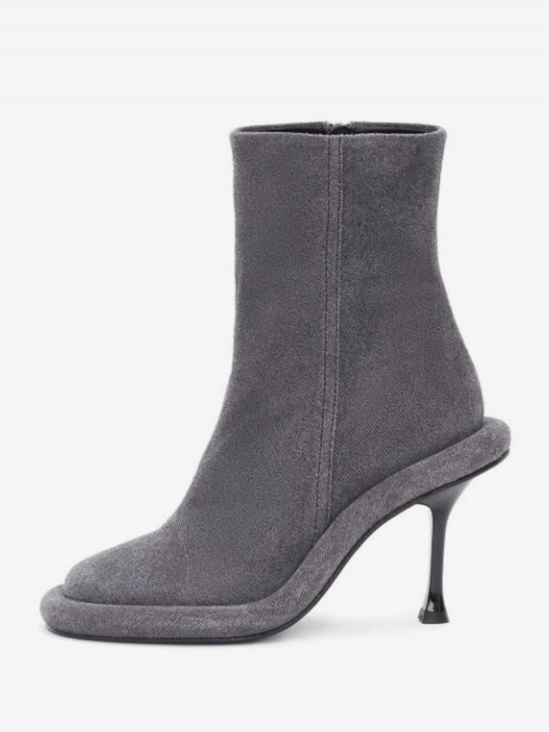 Bottines Femme Denim Bleu Bout Rond Conçu À Talons Aiguilles - Gris