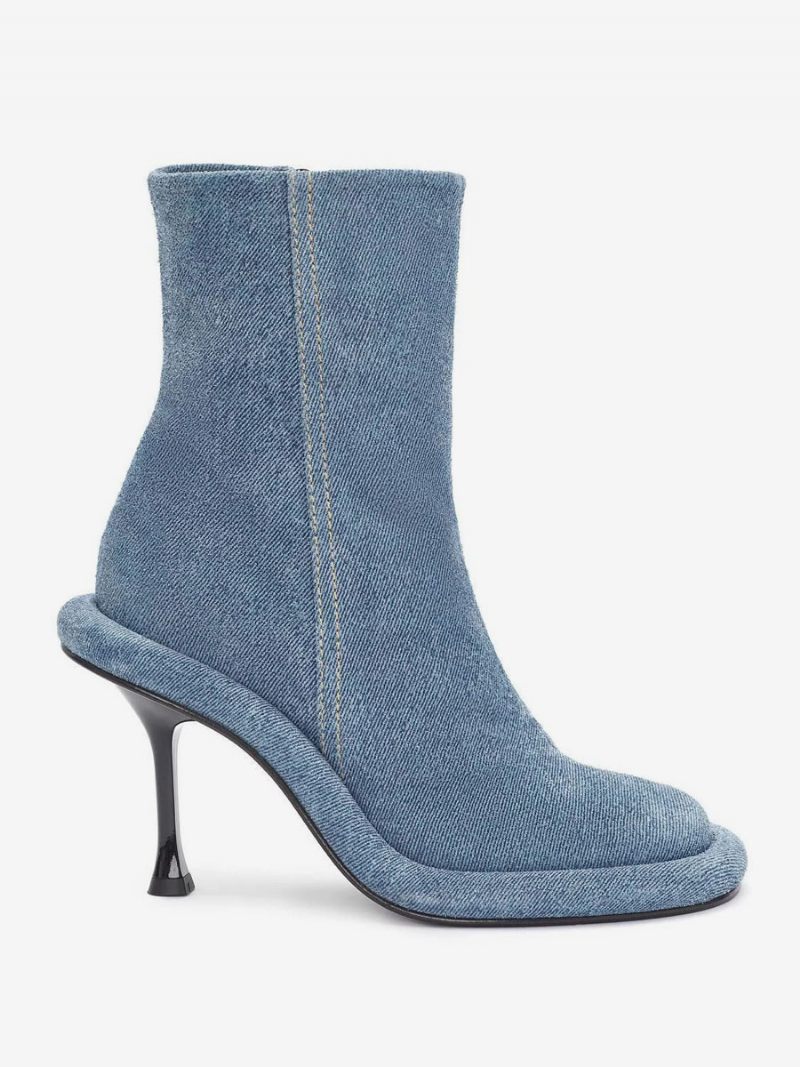 Bottines Femme Denim Bleu Bout Rond Conçu À Talons Aiguilles - Bleu Ciel Clair