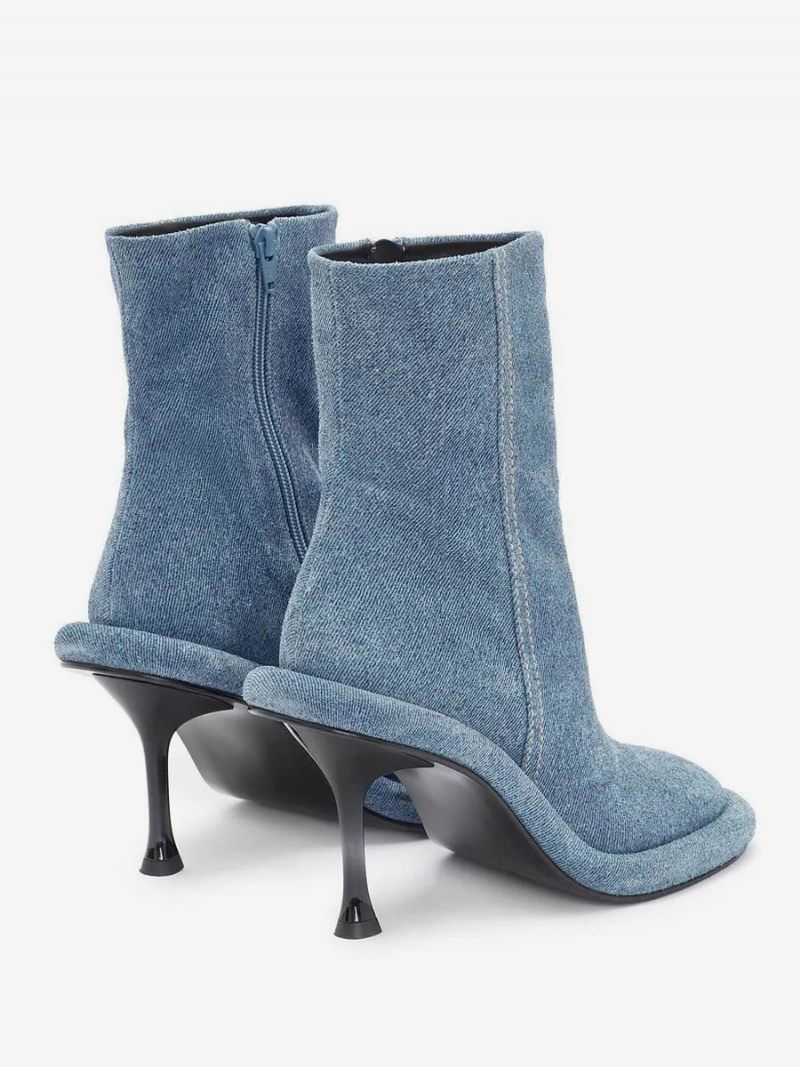 Bottines Femme Denim Bleu Bout Rond Conçu À Talons Aiguilles - Bleu Ciel Clair