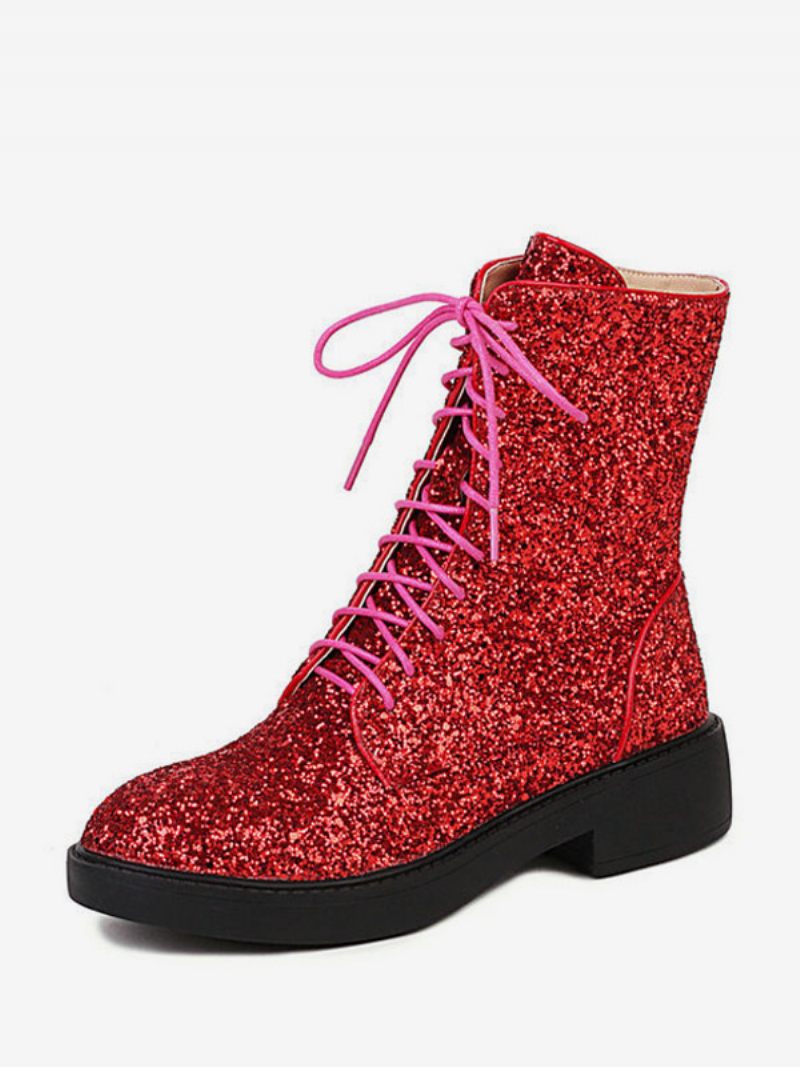 Bottines Femme Paillettes Dorées Cuir Pu Bout Rond Plat - Rouge