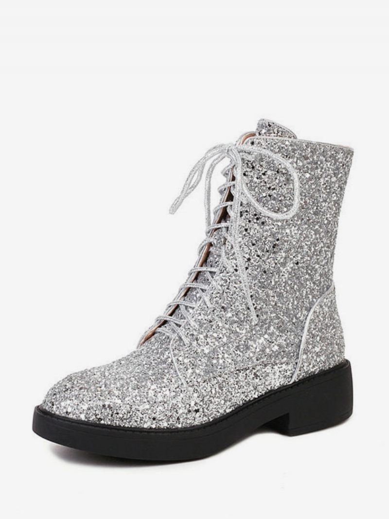 Bottines Femme Paillettes Dorées Cuir Pu Bout Rond Plat - Argent