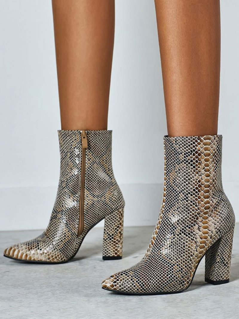 Bottines Femme Python Bout Pointu Imprimé Serpent Cuir À Talon Épais