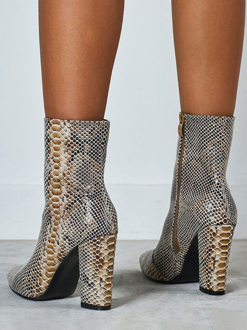 Bottines Femme Python Bout Pointu Imprimé Serpent Cuir À Talon Épais - Python