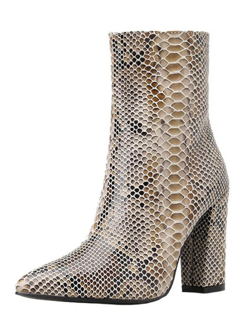 Bottines Femme Python Bout Pointu Imprimé Serpent Cuir À Talon Épais - Python