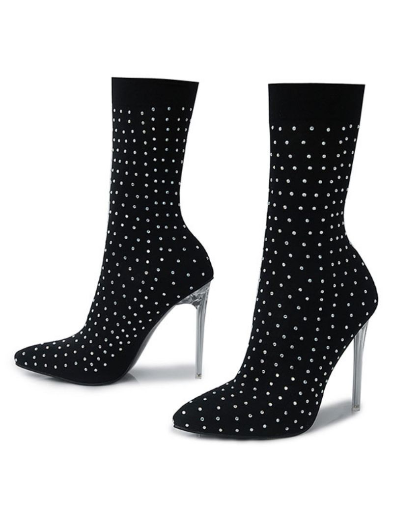 Bottines Femme Strass Bout Pointu Talon Aiguille Tissu Élastique Noires - Noir