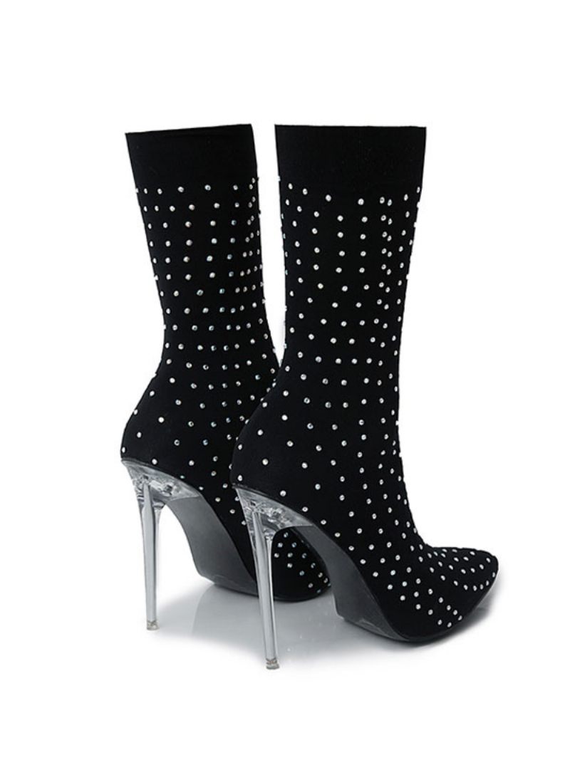 Bottines Femme Strass Bout Pointu Talon Aiguille Tissu Élastique Noires - Noir