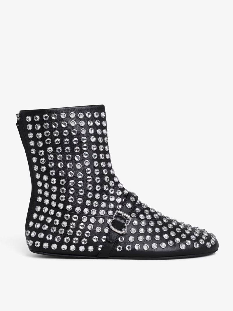 Bottines Pour Femmes Avec Strass Noirs Chaussures Soirée Plates - Noir