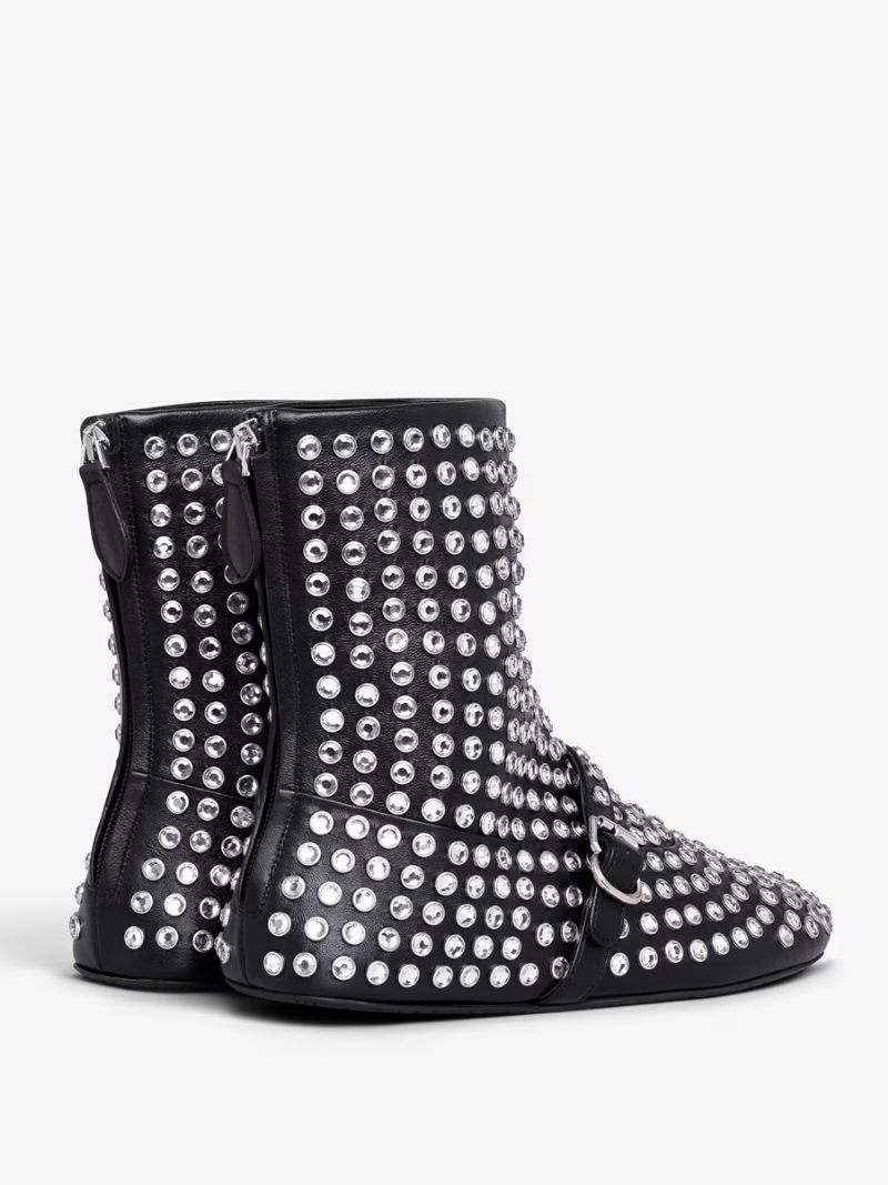 Bottines Pour Femmes Avec Strass Noirs Chaussures Soirée Plates - Noir