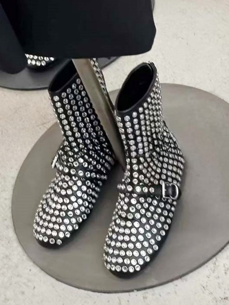 Bottines Pour Femmes Avec Strass Noirs Chaussures Soirée Plates - Noir