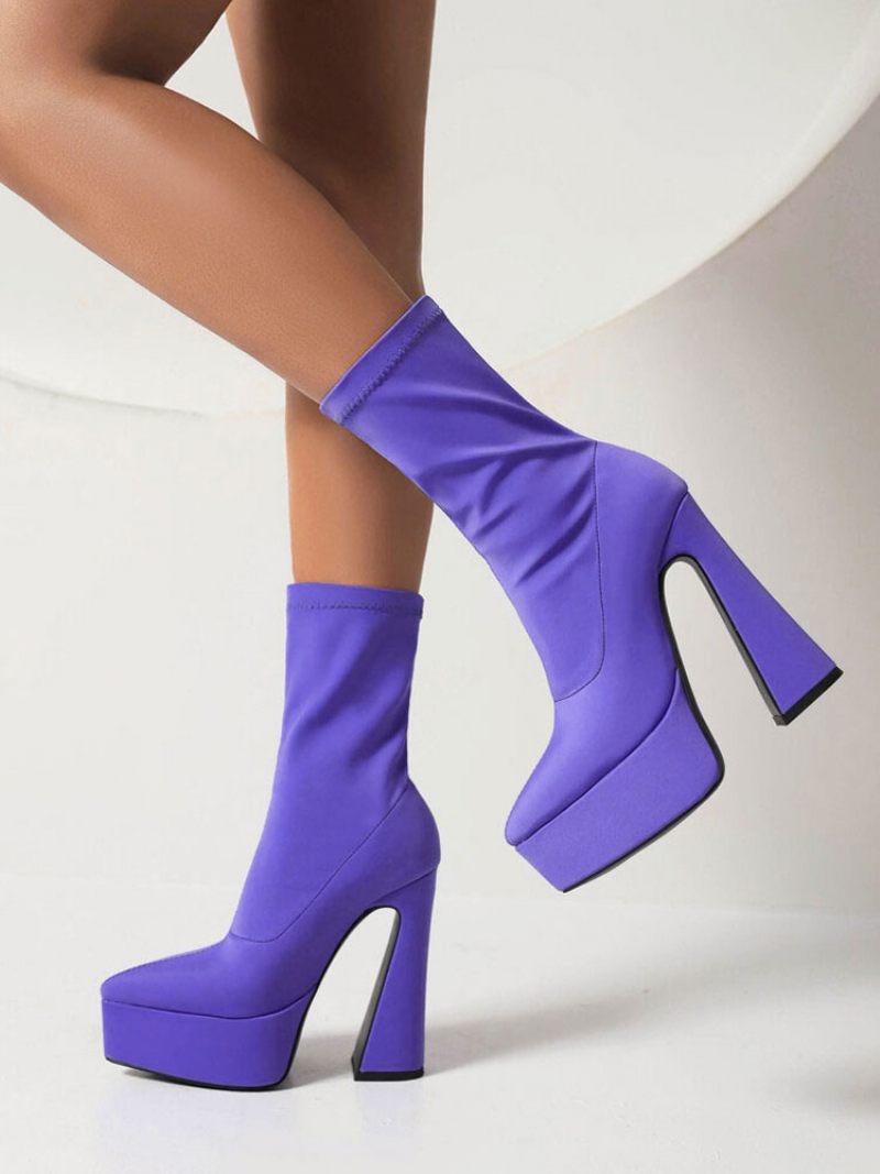 Bottines Pour Femmes Bout Pointu Plateforme Talon Épais Élastiques - Violet