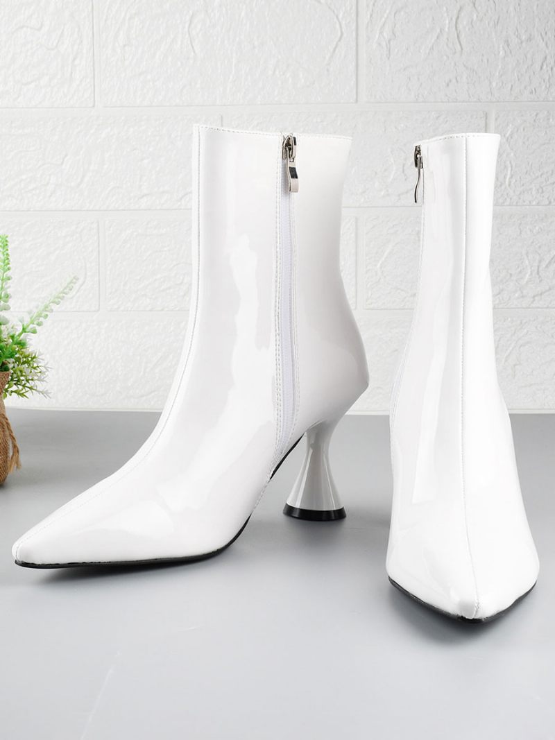 Bottines Femmes Bout Pointu Talon Forme Spéciale Pu Cuir Brillant Roses - Blanc