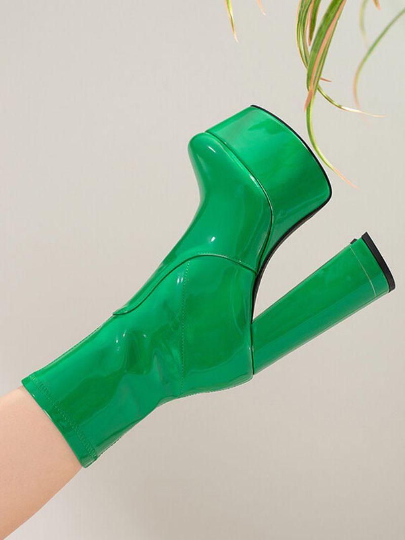 Bottines Pour Femmes Bout Rond Plateforme Gros Talon Cuir Brillant - Vert