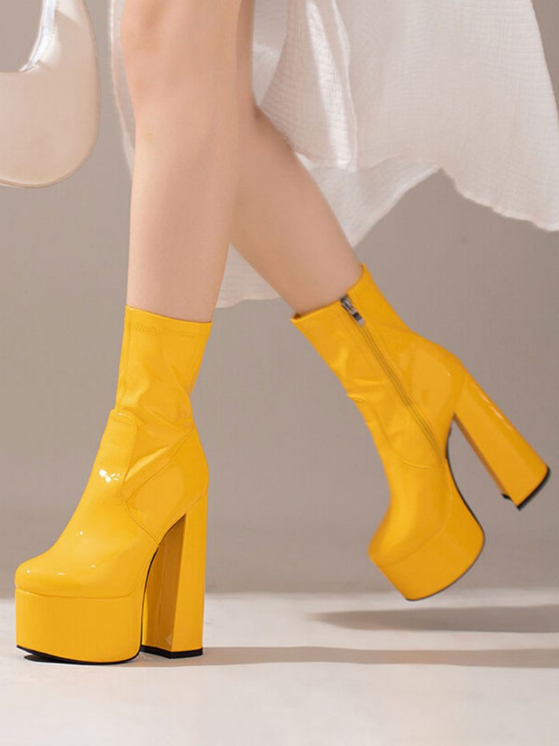 Bottines Pour Femmes Bout Rond Plateforme Gros Talon Cuir Brillant - Jaune