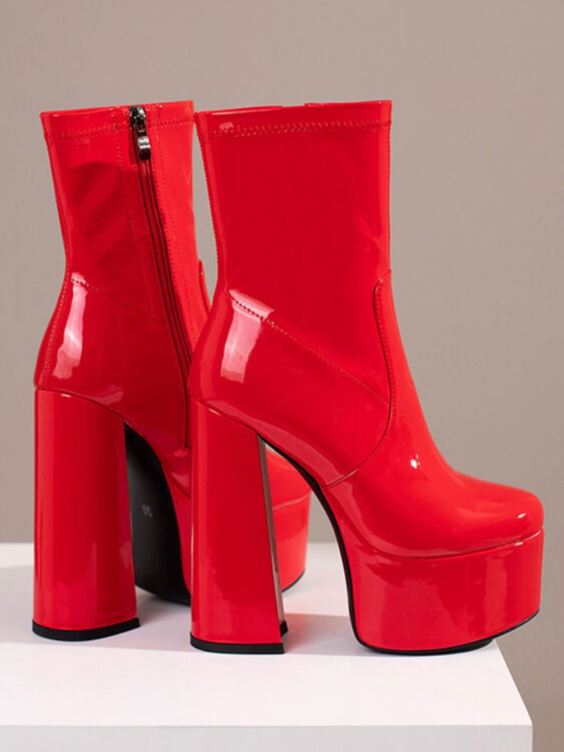 Bottines Pour Femmes Bout Rond Plateforme Gros Talon Cuir Brillant - Rouge