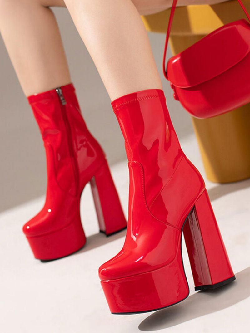 Bottines Pour Femmes Bout Rond Plateforme Gros Talon Cuir Brillant - Rouge