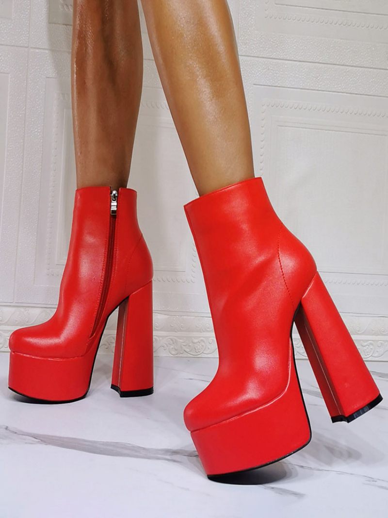 Bottines Femmes Géométriques Bout Rond Talon Épais Cuir Pu Rouges - Rouge