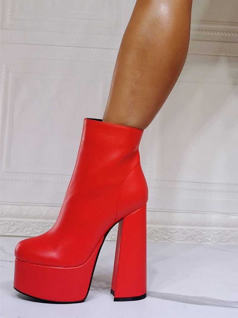 Bottines Femmes Géométriques Bout Rond Talon Épais Cuir Pu Rouges - Rouge