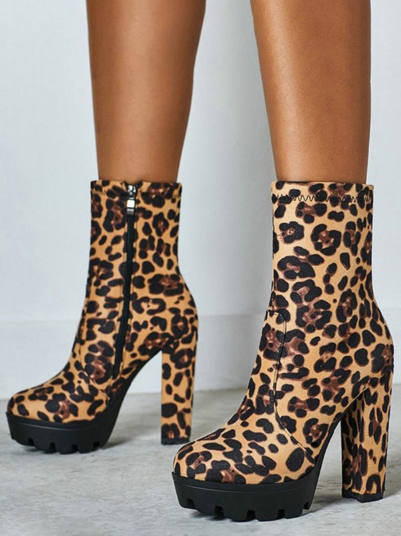 Bottines Femmes Noir Micro Daim Bout Rond Talon Épais À Talons Hauts - Léopard