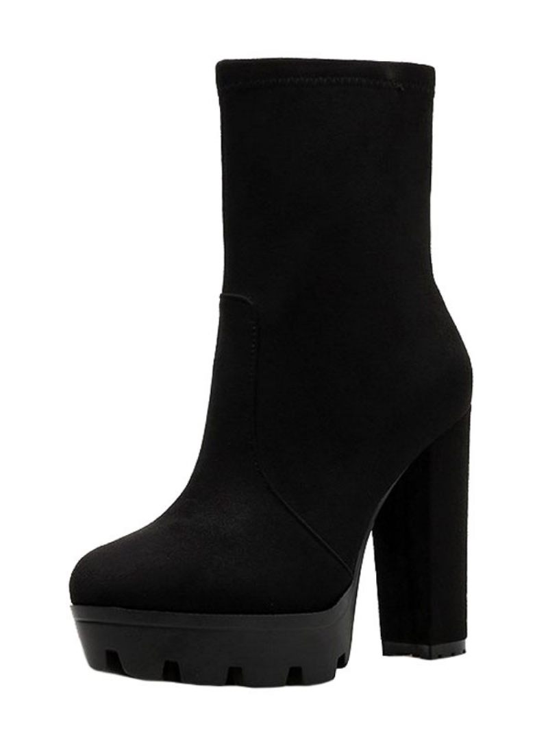 Bottines Femmes Noir Micro Daim Bout Rond Talon Épais À Talons Hauts - Noir