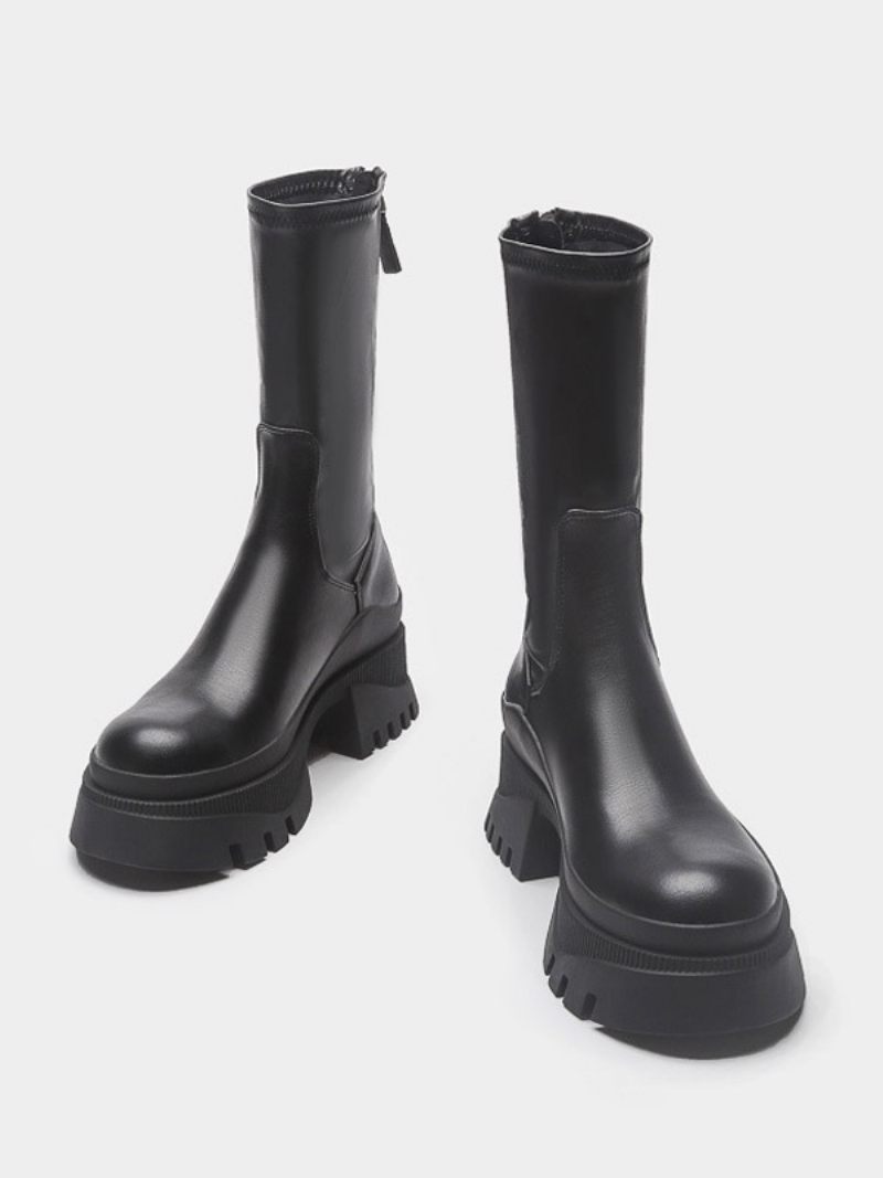 Bottines Pour Femmes Noires À Bout Rond Flatformbooties - Noir