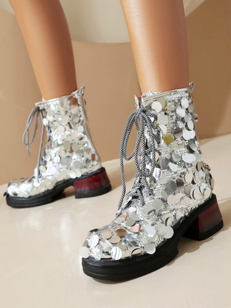 Bottines Pour Femmes À Paillettes Argentées Bout Rond Fête Lacets