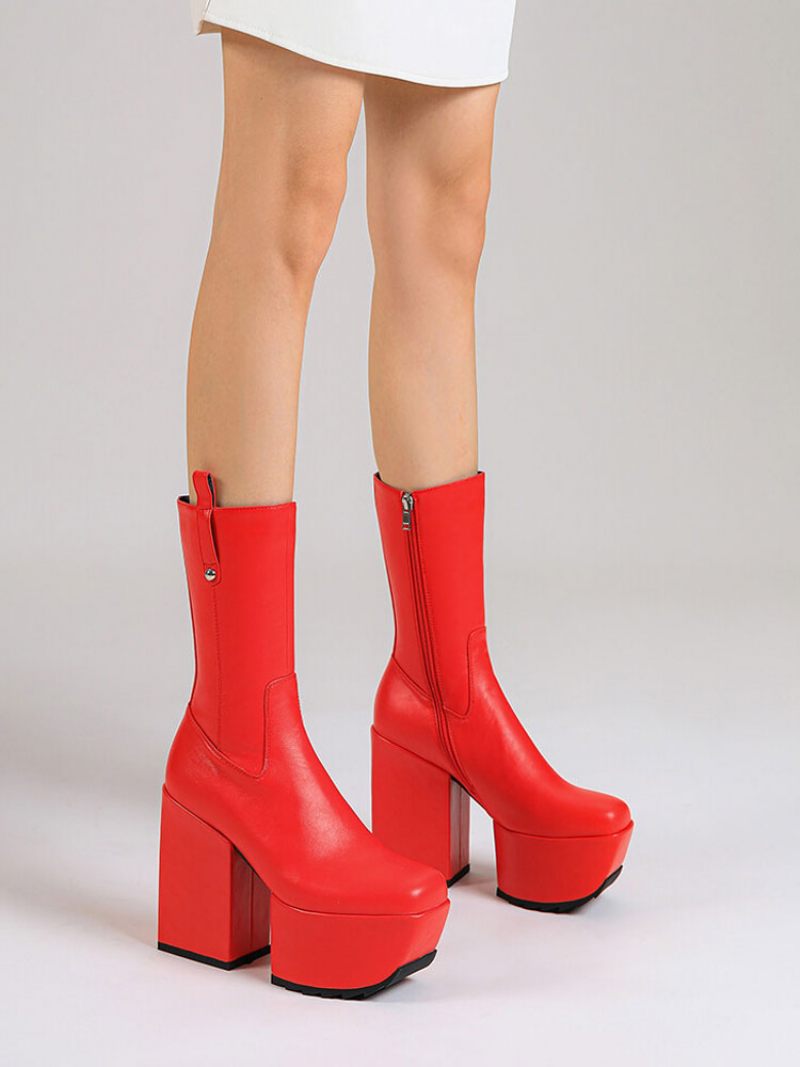 Bottines Pour Femmes Plateforme Bout Carré Gros Talon Cuir Brillant - Rouge