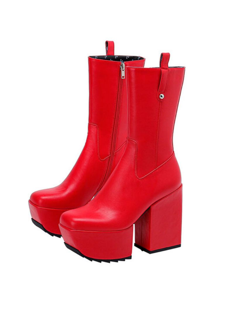 Bottines Pour Femmes Plateforme Bout Carré Gros Talon Cuir Brillant - Rouge