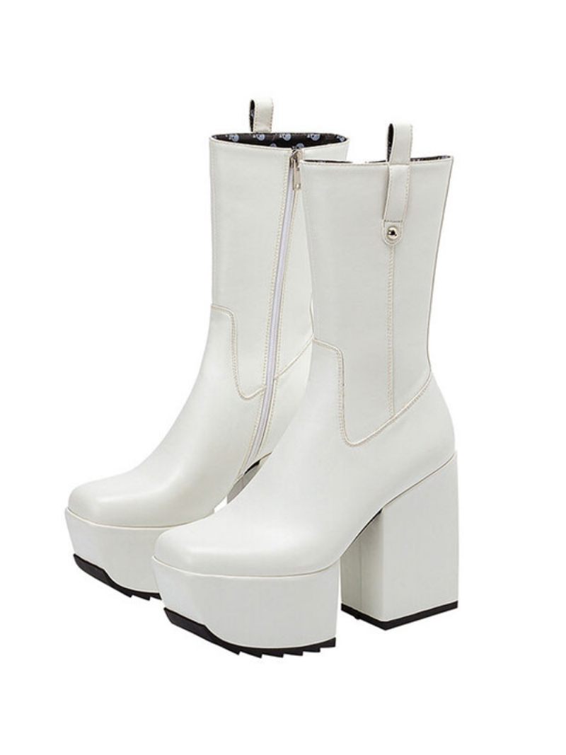 Bottines Pour Femmes Plateforme Bout Carré Gros Talon Cuir Brillant - Blanc