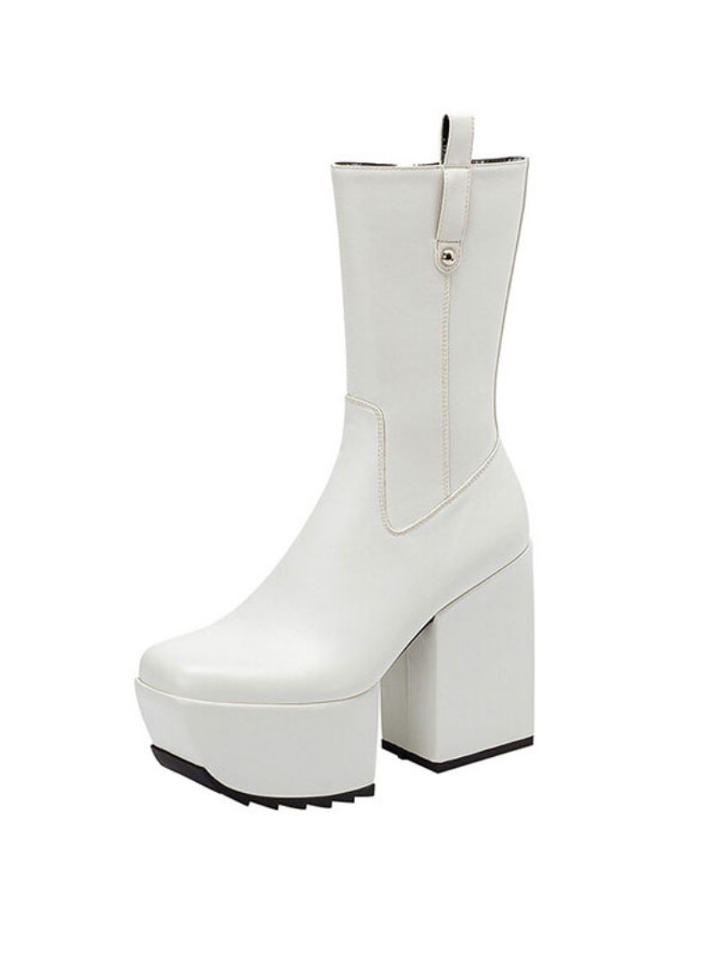 Bottines Pour Femmes Plateforme Bout Carré Gros Talon Cuir Brillant - Blanc