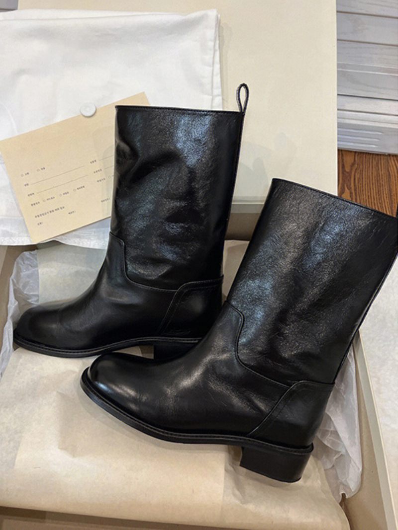 Bottines Pour Femmes Plates Noires À Bout Rond - Noir