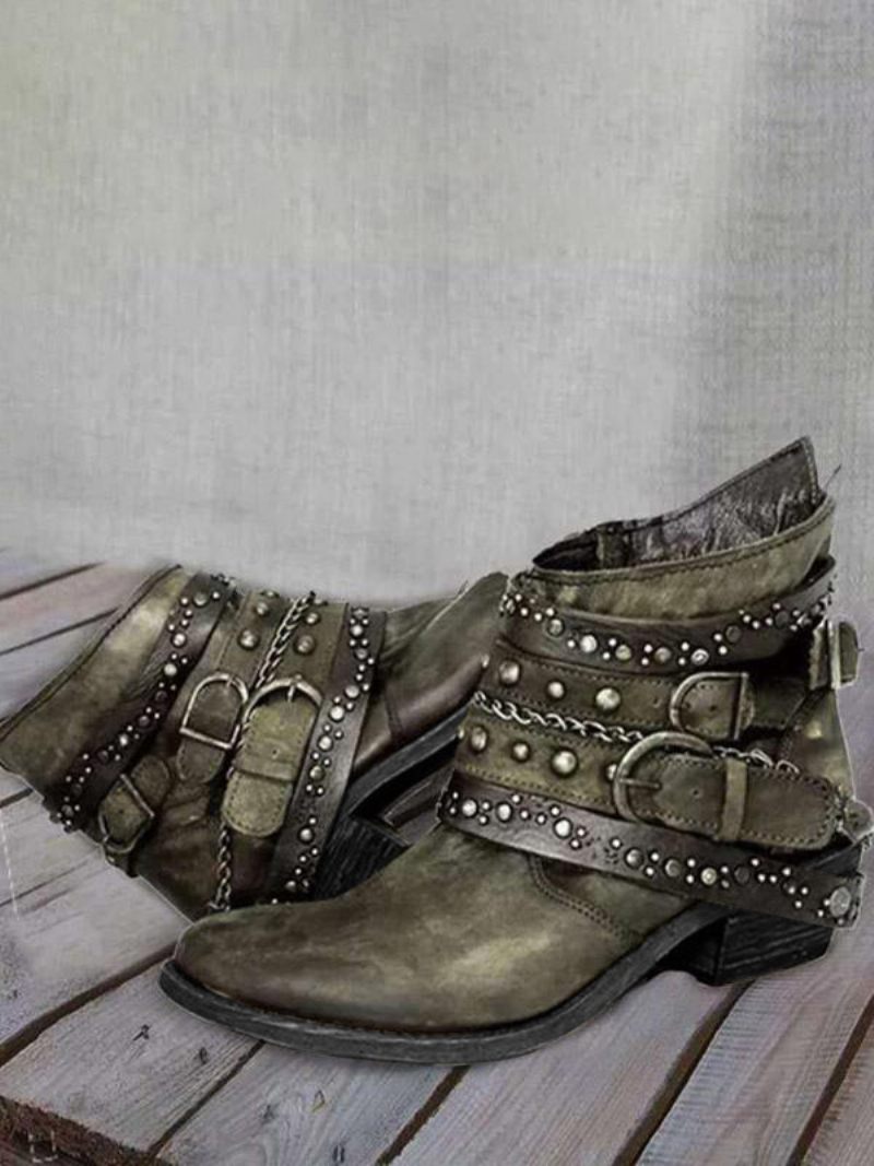 Bottines Pour Femmes Rivets Bout Pointu À Talons Épais - Vert