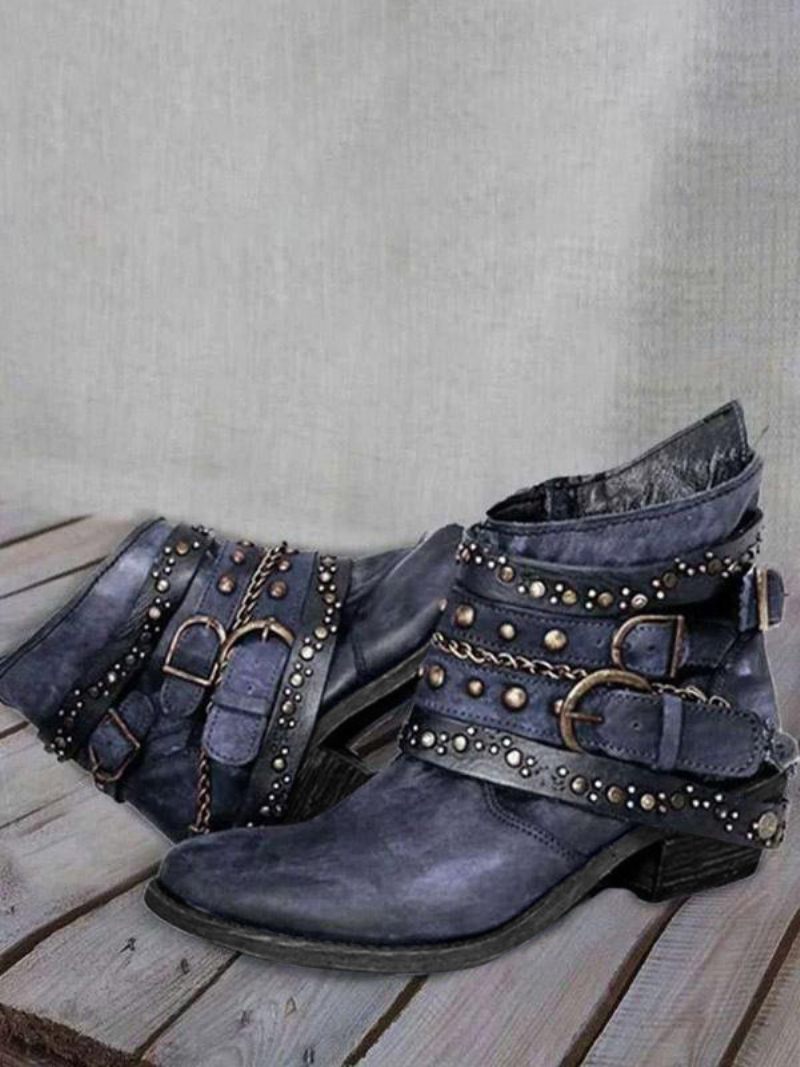 Bottines Pour Femmes Rivets Bout Pointu À Talons Épais - Bleu