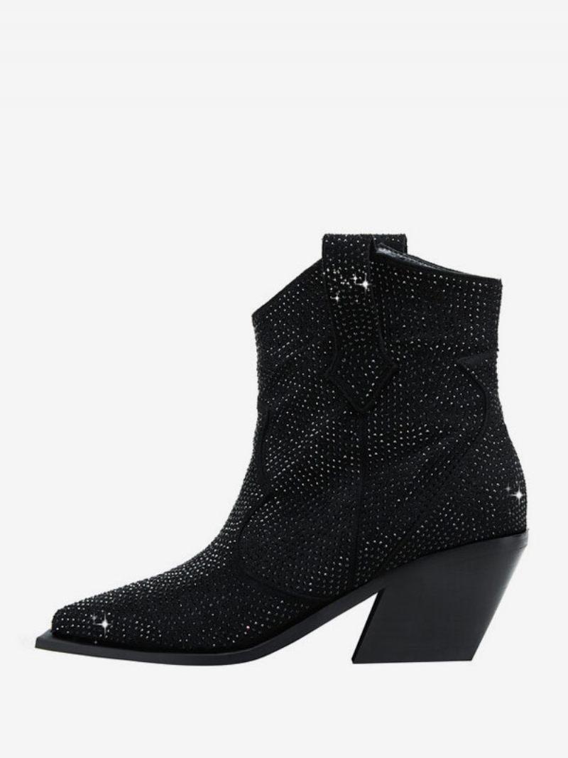 Bottines Pour Femmes Strass Bout Pointu Bottes Occidentales À Talons Blocs - Noir