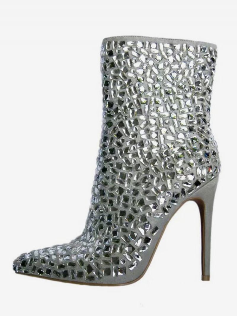 Bottines Pour Femmes Strass Bout Pointu Talon Aiguille Fête - Gris Clair