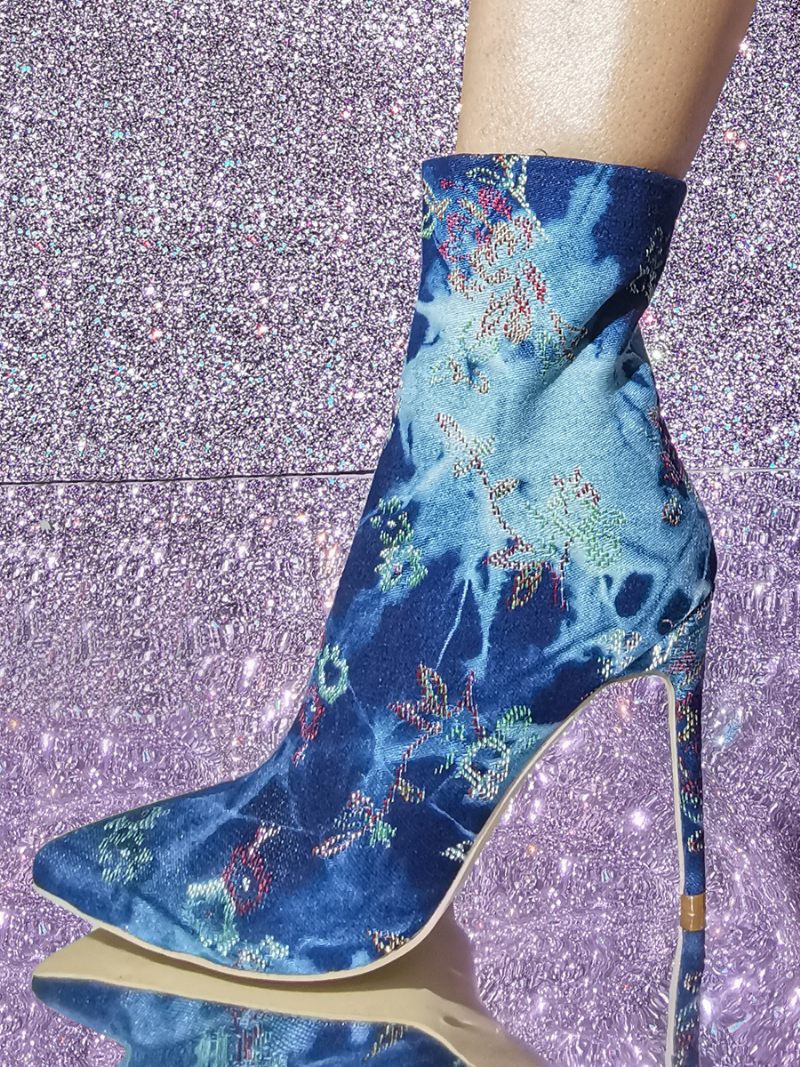 Bottines Pour Femmes Toile À Bout Pointu Et Talons Hauts Brodées - Bleu