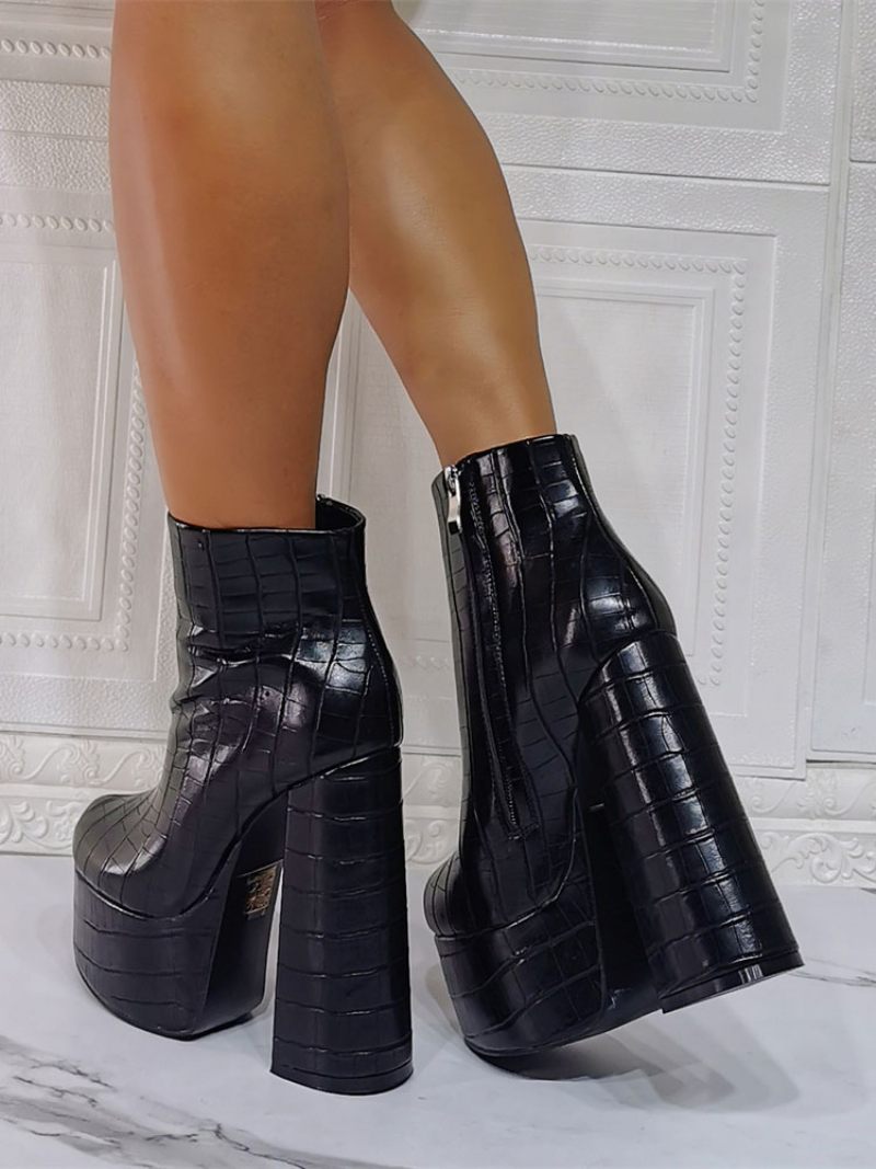 Bottines Géométriques À Bout Rond Et Plateforme Pour Femmes Noires Cuir Pu Talons Épais - Noir