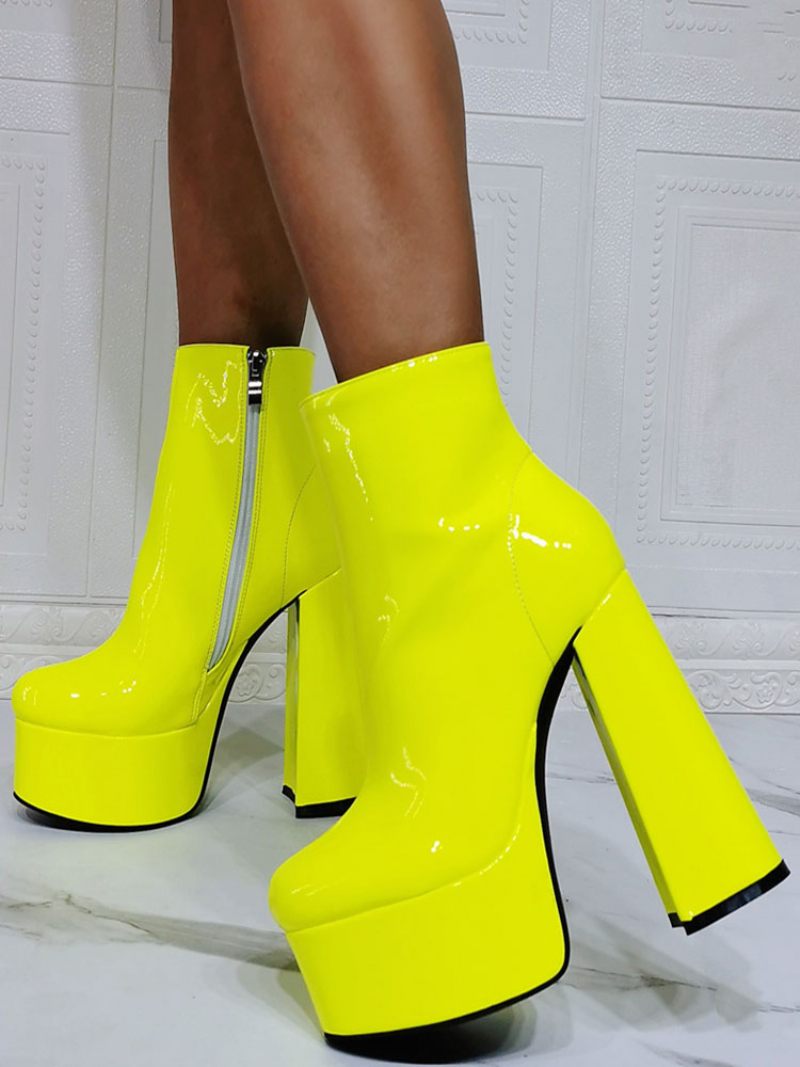 Bottines Géométriques À Bout Rond Pour Femmes Talon Épais Cuir Pu Jaune