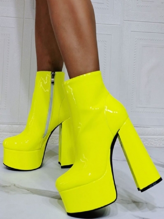 Bottines Géométriques À Bout Rond Pour Femmes Talon Épais Cuir Pu Jaune