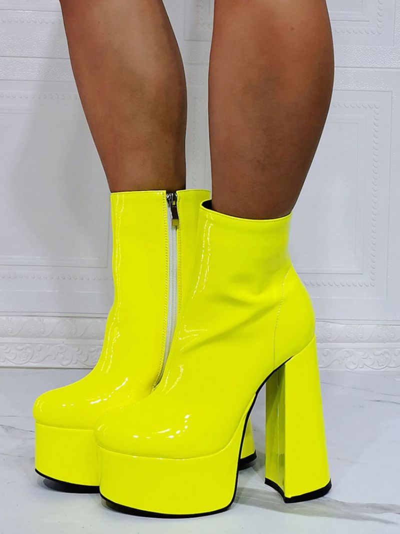 Bottines Géométriques À Bout Rond Pour Femmes Talon Épais Cuir Pu Jaune - Jaune