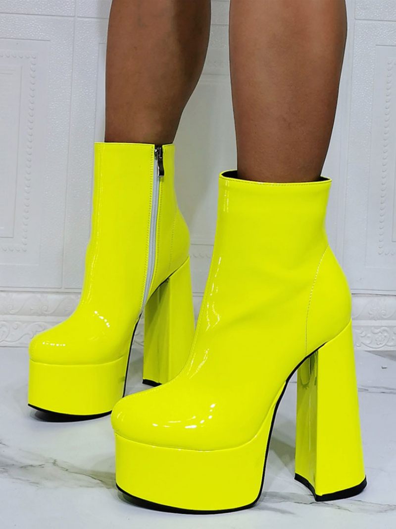 Bottines Géométriques À Bout Rond Pour Femmes Talon Épais Cuir Pu Jaune - Jaune