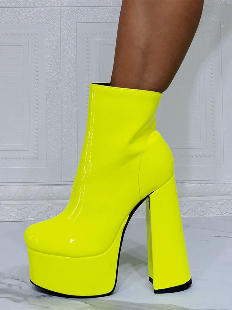 Bottines Géométriques À Bout Rond Pour Femmes Talon Épais Cuir Pu Jaune - Jaune