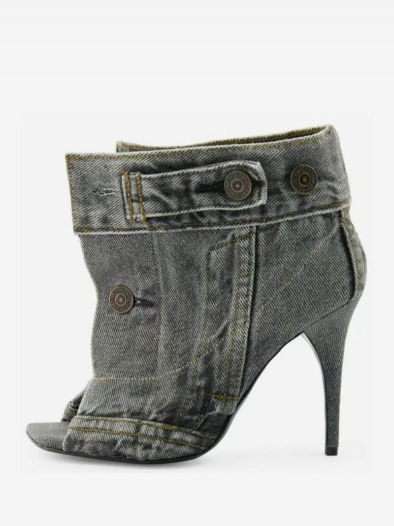 Bottines Jean Pour Femmes Bout Ouvert À Talons Hauts Avec Détails Boutons - Gris Clair