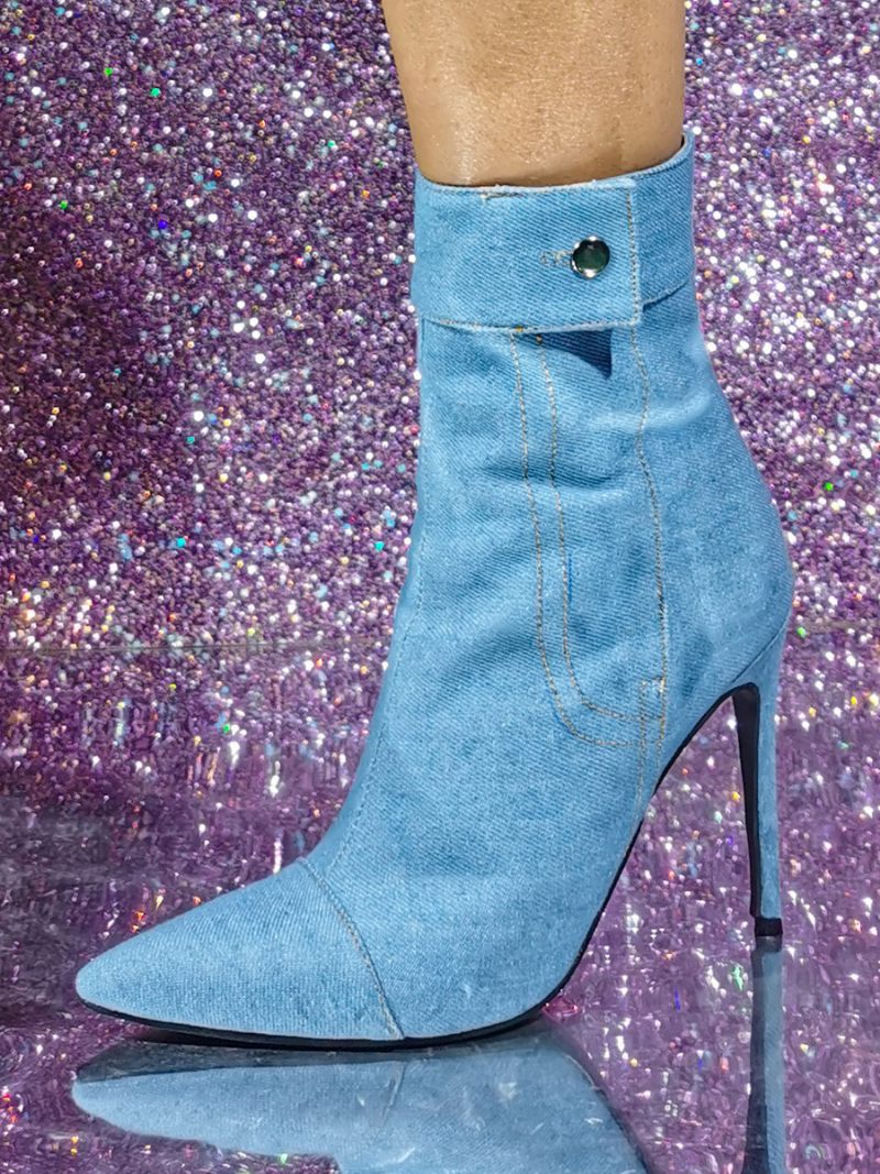 Bottines Jean Pour Femmes Bout Pointu Bottes À Talons Hauts Avec Fermeture Éclair - Bleu Ciel Clair