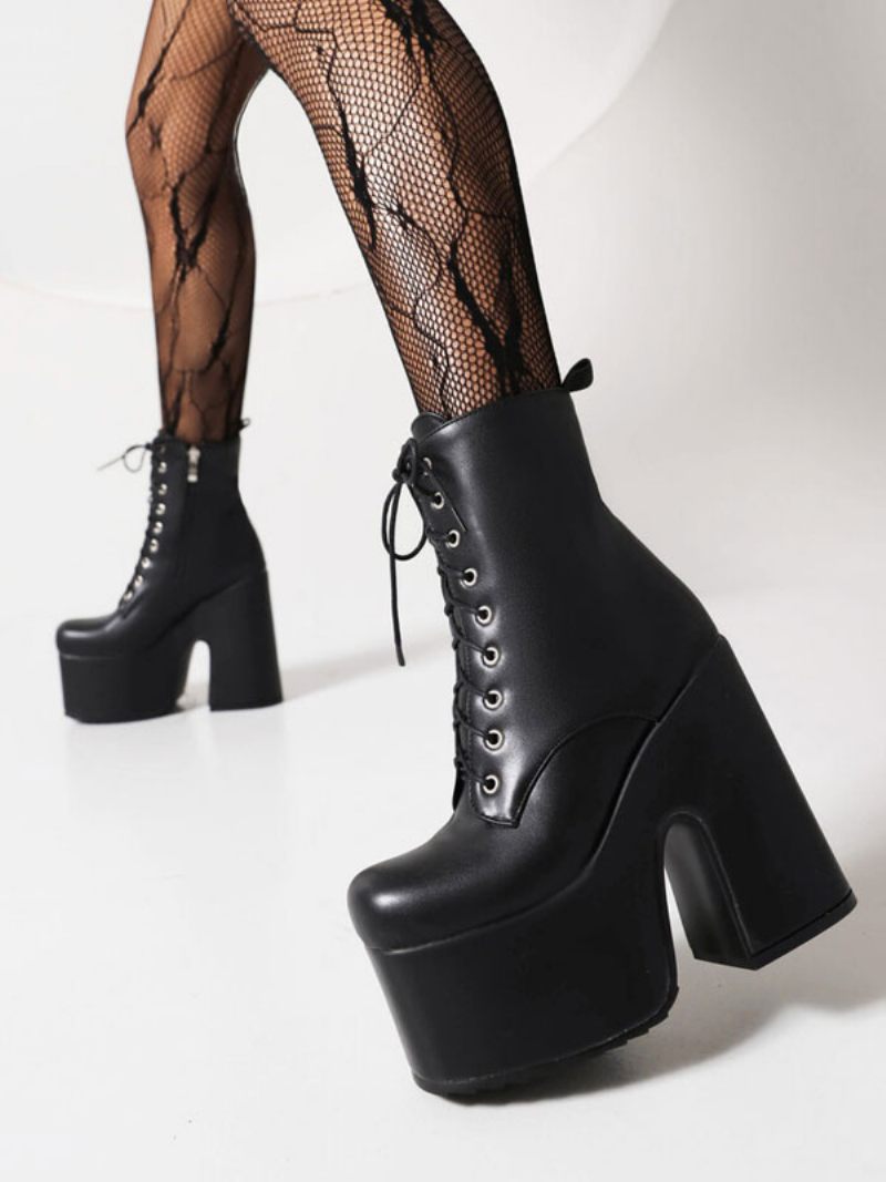 Bottines À Lacets Pour Femmes Bout Rond Et Talon Épais - Noir