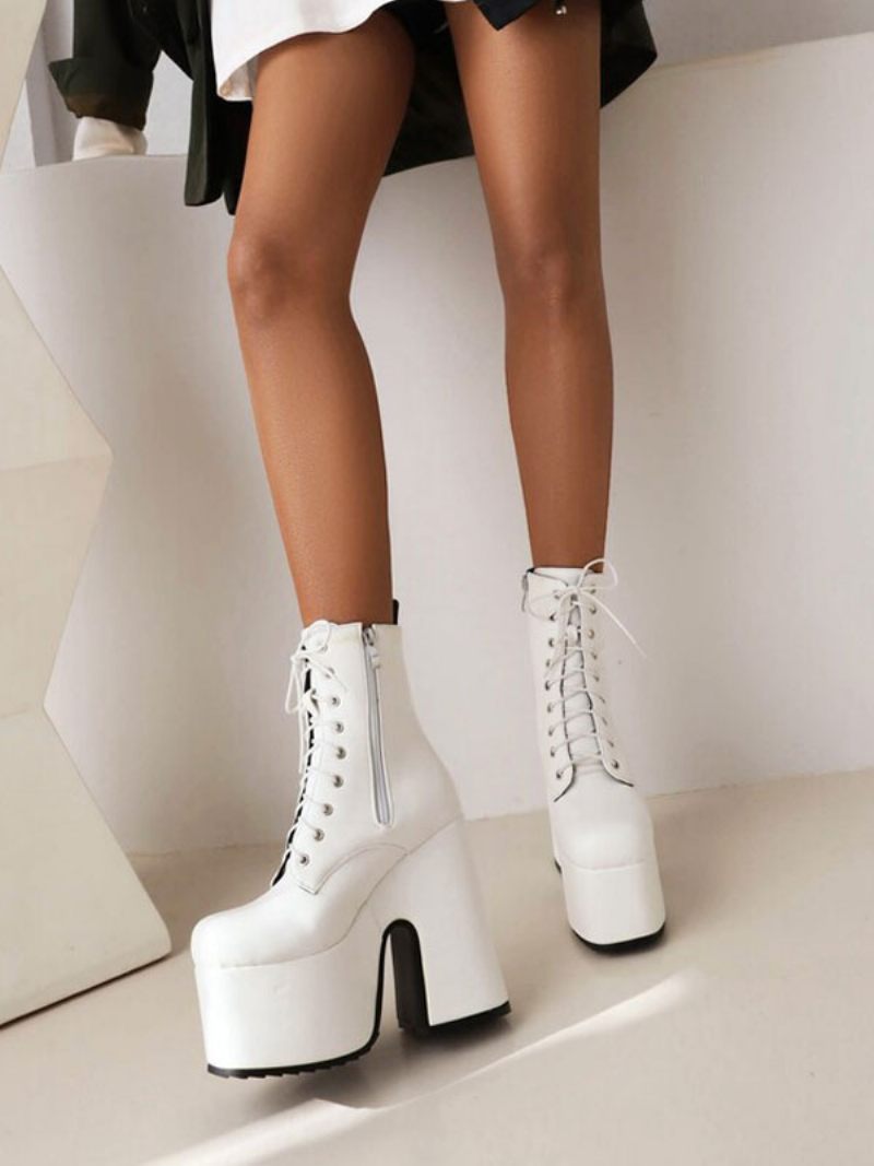 Bottines À Lacets Pour Femmes Bout Rond Et Talon Épais - Blanc