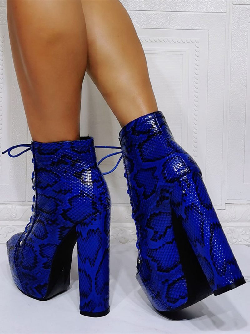 Bottines À Lacets Peau Serpent Pour Femmes Talons Épais Bleu - Bleu