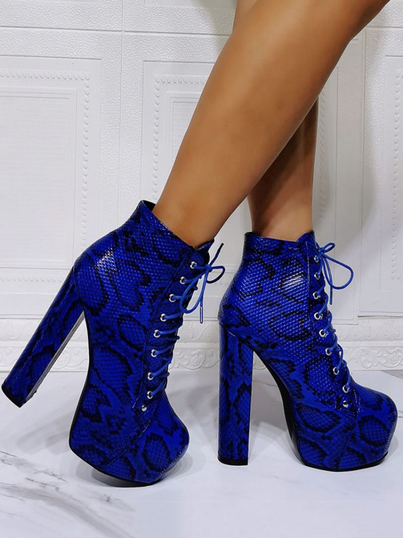 Bottines À Lacets Peau Serpent Pour Femmes Talons Épais Bleu - Bleu