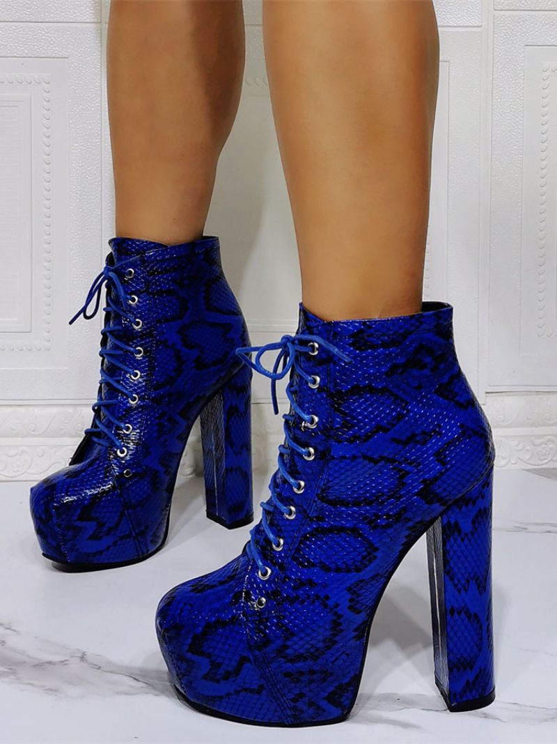 Bottines À Lacets Peau Serpent Pour Femmes Talons Épais Bleu - Bleu