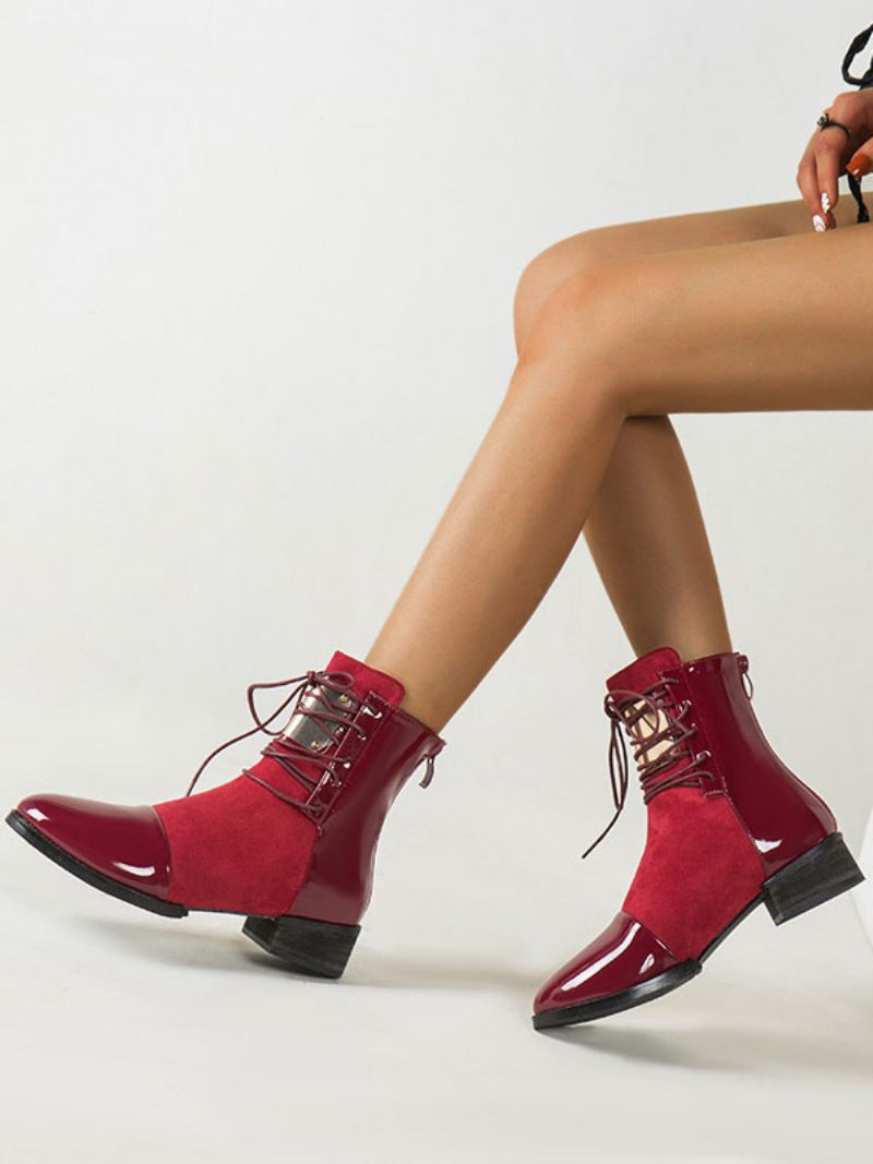 Bottines Marron À Bout Pointu Et Talon Épais Pour Femmes - Rouge